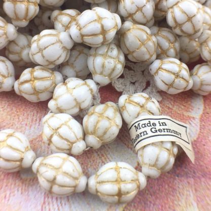 Vintage Opaque White with Gold Detailing West German Beads - 16mm x 11mm - Strand of 25 Beads