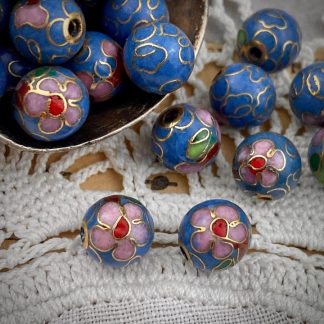 Vintage Blue Cloisonné Beads With Pink Flowers - 8mm - 4 Pieces
