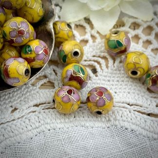 Vintage Yellow Cloisonné Beads With Pink Flowers - 8mm - 4 Pieces