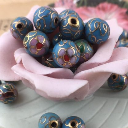 Vintage Turquoise Blue Cloisonné Beads With Cute Pink Flowers - 8mm - 4 Pieces