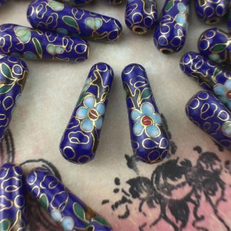 Vintage Cobalt Cloisonné Teardrop Beads With Blue Flowers - 20x7mm - 2 Pieces