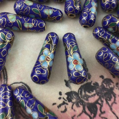 Vintage Cobalt Cloisonné Teardrop Beads With Blue Flowers - 20x7mm - 2 Pieces