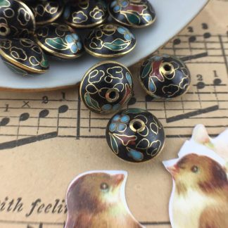 Vintage Black Rondelle / Saucer Cloisonné Beads - 8x13mm - 2 Pieces