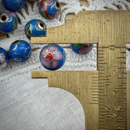 Vintage Blue Cloisonné Beads With Pink Flowers - 8mm - 4 Pieces - Image 2