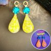 Vintage Lemon Matrix Cadmium Glass And Swarovski Blue Zircon Teardrop Drops UV Reactive - 23mm - 2 Pieces