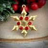Ruby Red Rhinestone Snowflakes In Gold Tone - 30mm - 1 Piece