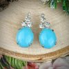 Lovely Silver Tone Light “tiffany Blue” And Swarovski Crystal Drops - 21mm - 2 Pieces