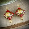 Red With Yellow Rose Decal Glass Diamond Connectors - 16mm - 4 Pieces