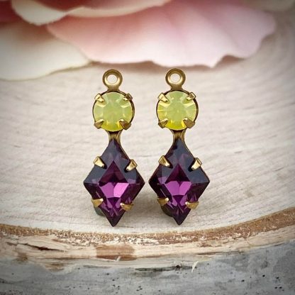 Swarovski Yellow Opal And Swarovski “the Good” Amethyst Diamond Drops In Gold Tone - 19mm - 2 Pieces