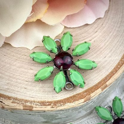 Vintage Swarovski Apple Green Flower Connectors! The Centers Are Amethyst Glass - 30mm - 1 Piece