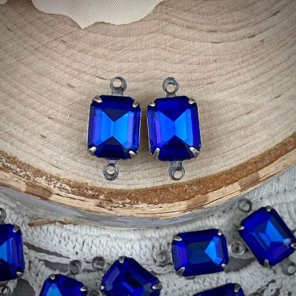 Sapphire Blue Rhinestone Rectangle Connectors In Silver Tone - 13mm - 2 Pieces