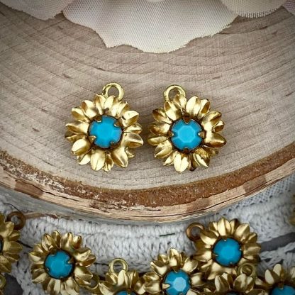 Cutie Little 3d Raw Brass Sunflower Charms With Swarovski Opaque Turquoise - 14mm - 2 Pieces