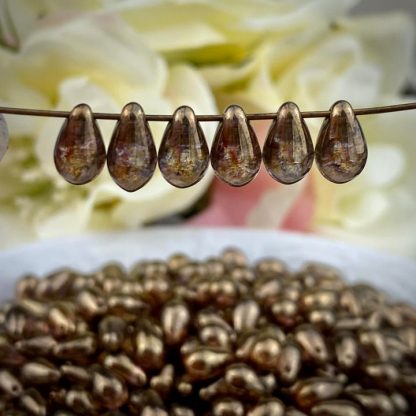 Beautiful Czech Glass Bronze-y Picasso Teardrop Beads - 9mm X 6mm - 25 Beads