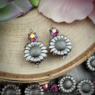 Super Cute Sunflower Connectors in Silver Tone With Swarovski Rose Ab Accent - 20mm - 2 Piece