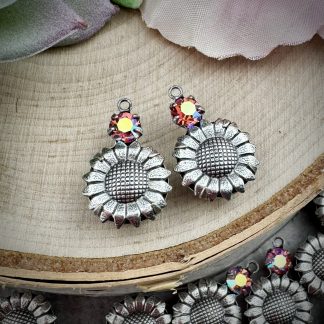Super Cute Sunflower Drops in Silver Tone With Swarovski Rose AB Accent - 20mm - 2 Pieces