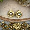 Cutie Little 3d Raw Brass Sunflower Charms With Swarovski Starlight Crystals - 14mm - 2 Pieces