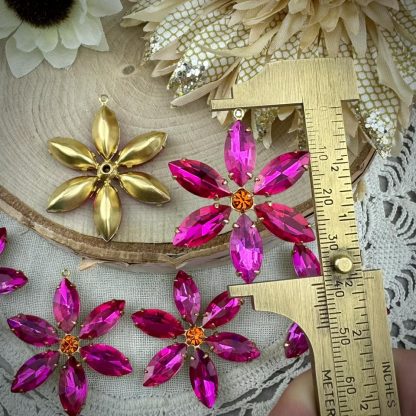 Swarovski Sun and Fuchsia Pink Crystal Large 6 Petal Flower Rhinestone Drops / Pendants - 40mm - 1 Piece - Image 2