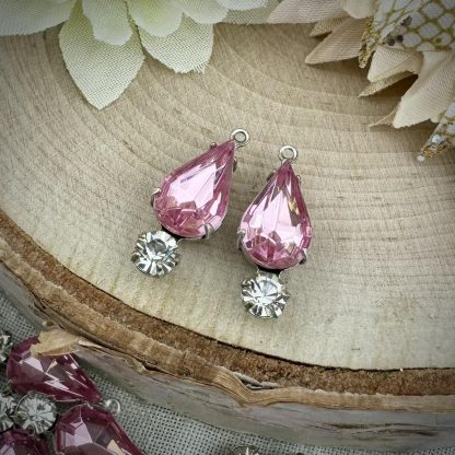 Light Rose and Crystal Rhinestone Teardrop Drops / Charms - 21mm - 2 Pieces