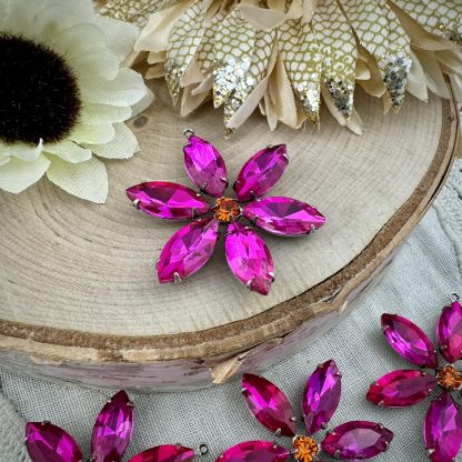 Swarovski Sun and Fuchsia Pink Crystal Large 6 Petal Flower Rhinestone Drops / Pendants in Silver Tone - 40mm - 1 Piece