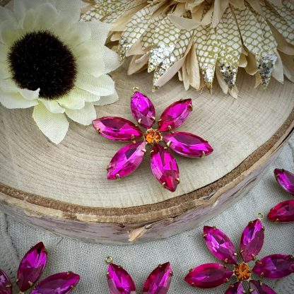 Swarovski Sun and Fuchsia Pink Crystal Large 6 Petal Flower Rhinestone Drops / Pendants - 40mm - 1 Piece