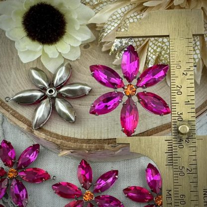 Swarovski Sun and Fuchsia Pink Crystal Large 6 Petal Flower Rhinestone Drops / Pendants in Silver Tone - 40mm - 1 Piece - Image 2