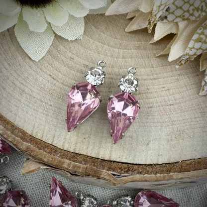 Light Rose and Crystal Rhinestone Teardrop Drops / Spikes / Charms - 21mm - 2 Pieces