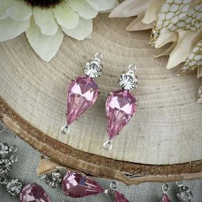 Light Rose and Crystal Rhinestone Teardrop Connectors / Links - 24mm - 2 Pieces