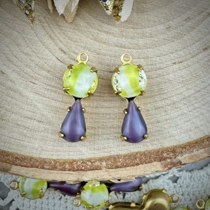 Amethyst Moonglow / Silk Glass and Lime Green & White Givré Drops - 17mm - 2 Pieces