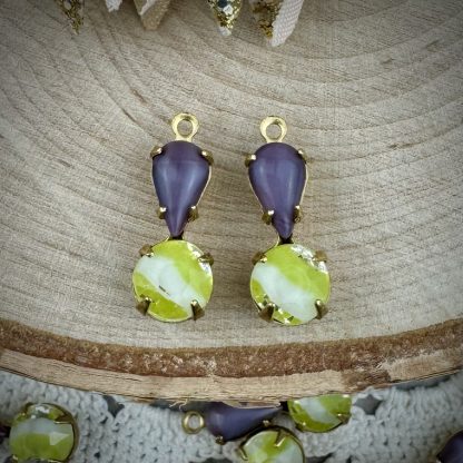 Amethyst Moonglow / Silk Glass and Lime Green & White Givré Flipped Drops - 17mm - 2 Pieces