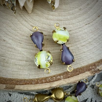 Amethyst Moonglow / Silk Glass and Lime Green and White Givré Connectors - 20mm - 2 Pieces