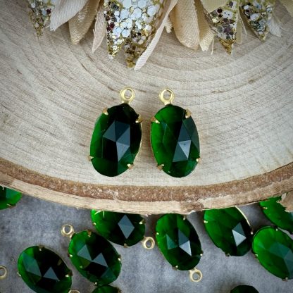 Emerald Green Rose Cut Oval Rhinestone Drops / Charms / Pendants - 15mm - 4 Pieces