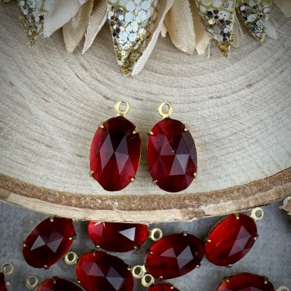 Ruby Red Rose Cut Oval Rhinestone Drops / Charms / Pendants - 15mm - 4 Pieces