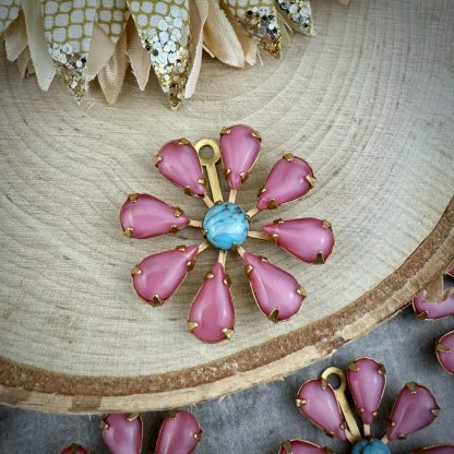 Rose Moonglow Satin Glass and Turquoise Matrix (Glass) Flower Drops / Pendants / Charms - 30mm - 1 Piece