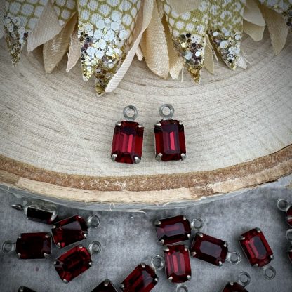 Ruby Red Little Swarovski Rectangle Drops / Charms in Silver Tone - 12mm - 4 Pieces