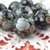Opaque Black Japanese Tensha Beads with a White Rose / Daisy Design and Gold Detailing - 20mm - 1 Bead