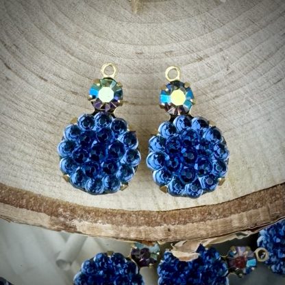 Swarovski Starlight and Sapphire Micro Faceted Textured Berry Rhinestone Drops / Charms / Pendants in Gold Tone - 20mm - 2 Pieces