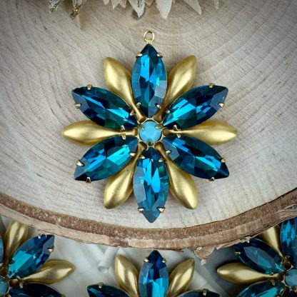 Swarovski Opaque Turquoise and Indicolite Rhinestone 12 Petal Flower Drops / Charms / Pendants - 40mm - 1 Piece