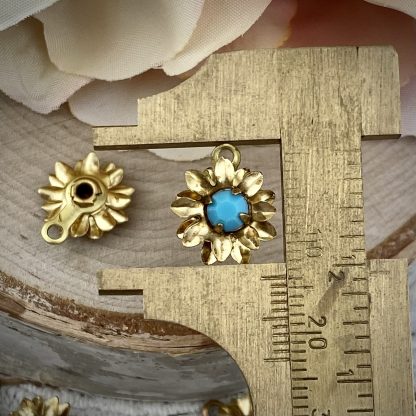 Cutie Little 3d Raw Brass Sunflower Charms With Swarovski Opaque Turquoise - 14mm - 2 Pieces - Image 2