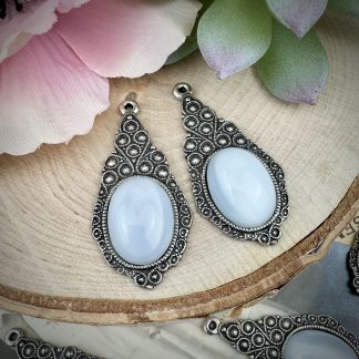 Gorgeous light blue moonglow / silk glass pendants antique silver colored castings - 41mm - 1 Piece