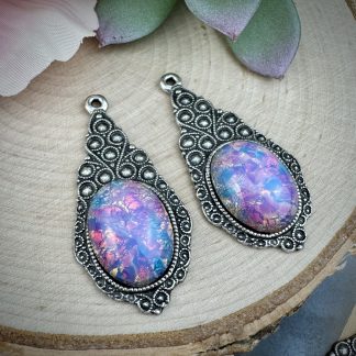 Glass Fire Opal / Harlequin Glass Pendants! Super Gorgeous Pink-y Charms - 41mm - 1 Piece
