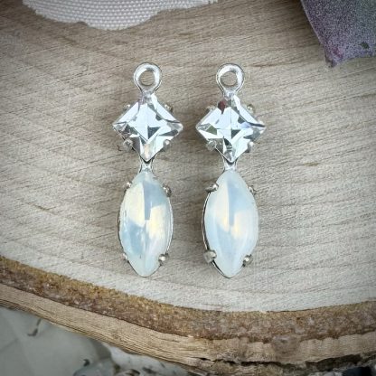 Swarovski Crystal and Milky White Opal Marquis Drops / charms in Silver Tone - 17mm - 4 Pieces