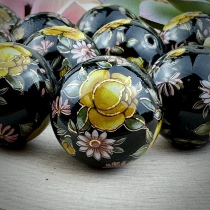 Opaque Black Japanese Tensha Beads with a Yellow Rose / Daisy Design and Gold Detailing - 20mm - 1 Bead