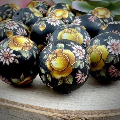 Frosted / Matte Opaque Black Japanese Tensha Beads with a Yellow Rose / Daisy Design and Gold Detailing - 20mm - 1 Bead