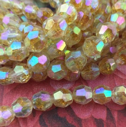 Vintage West German golden topaz/crystal AB Crystal Ice Glass / Crackel / craquelle Crystal Beads Germany - 8mm - 25 Beads