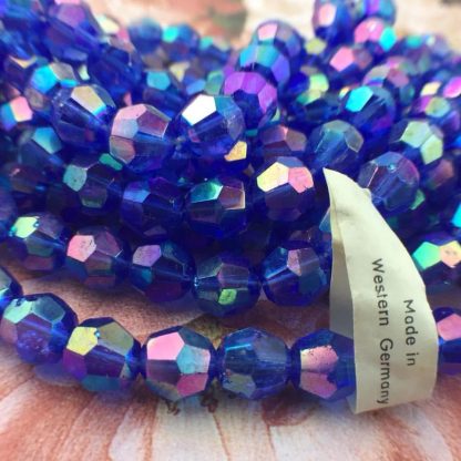 Vintage West German (U.S. Zone) Cobalt AB Crystal Beads Germany - 9mm - 1 strand of 25 Beads