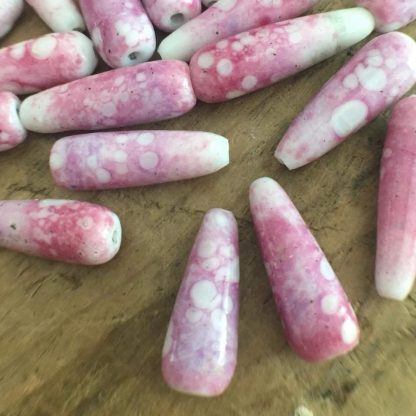 Vintage Japanese Occupation Glass teardrop Beads in speckled / Peking style shades of white, pink and lavender - 24x9mm - 2 beads