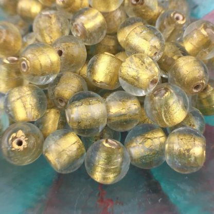 Vintage Gold Foiled Lampwork Glass Round Beads - 7mm - 12 Beads