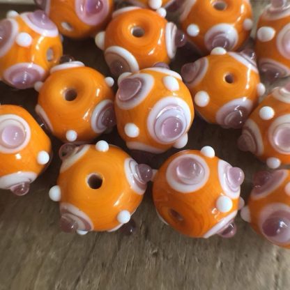 Vintage Orange Pink and White Bumpy Lampwork Beads - 12mm - 2 beads