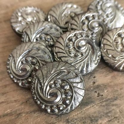 Vintage Czech Art Nouveau Deco Glass Nautilus Shell Buttons Silver Faux Marcasite Gunmetal Czechoslovakian - 18 mm - 1 Piece