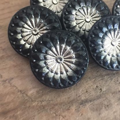 Vintage Czech Art Nouveau Deco Glass Flower Floral Buttons Silver Jet Black Czechoslovakian - 18 mm - 1 Piece